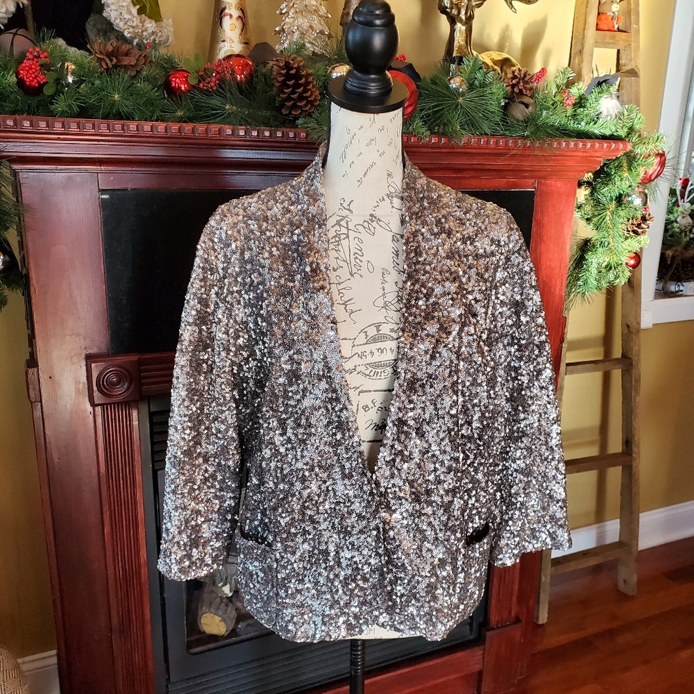 APT. 9 Silver Sequin 3/4 Sleeve Jacket XL